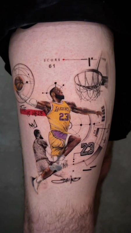 Basketball tribute, thigh – tattoo by DMTcollective, Karmiel