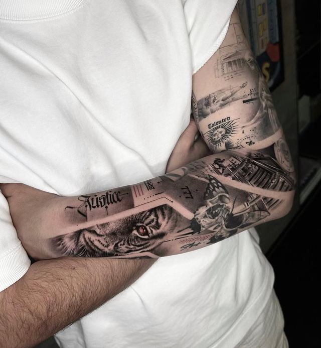 Black & grey forearm sleeve – tattoo by DMTcollective, Karmiel