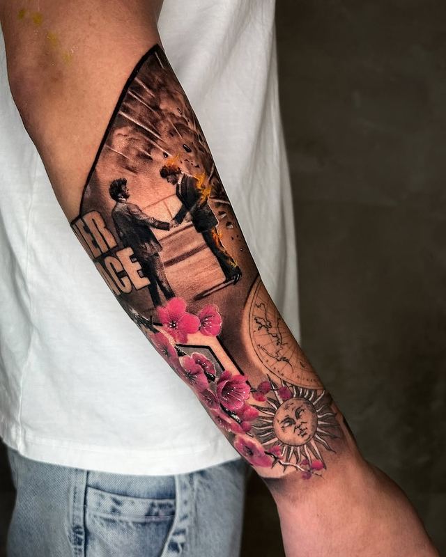 Boxers & blossoms forearm – tattoo by DMTcollective, Karmiel