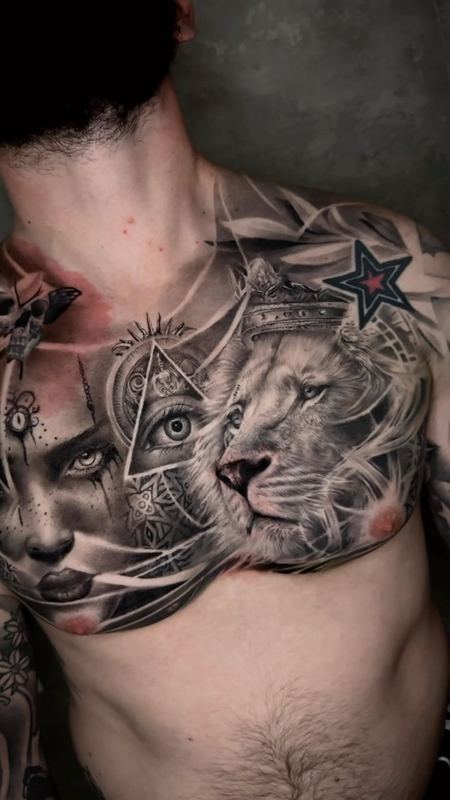 Chest piece: lion, eye & portrait – DMTcollective tattoo