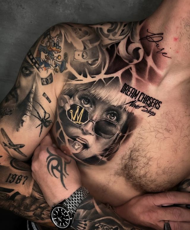 Chest piece, mostly healed – tattoo by DMTcollective, Karmiel