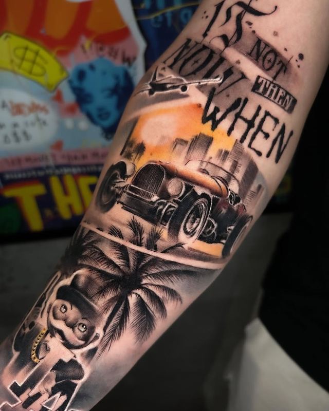 Classic car & palms sleeve – tattoo by DMTcollective, Karmiel
