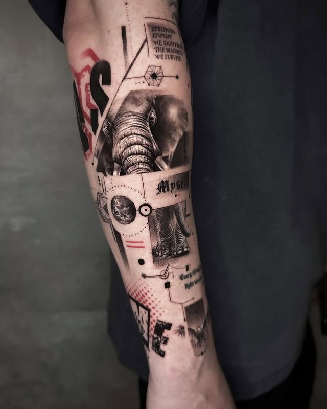 Elephant collage forearm – tattoo by DMTcollective, Karmiel
