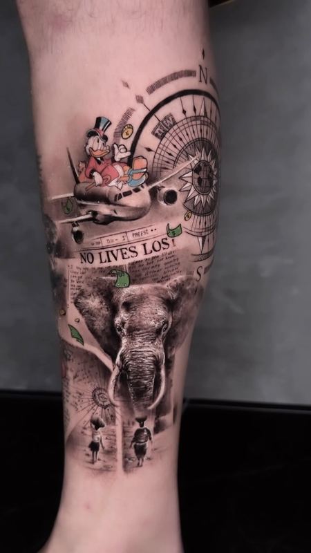 Elephant & Scrooge calf – tattoo by DMTcollective, Karmiel