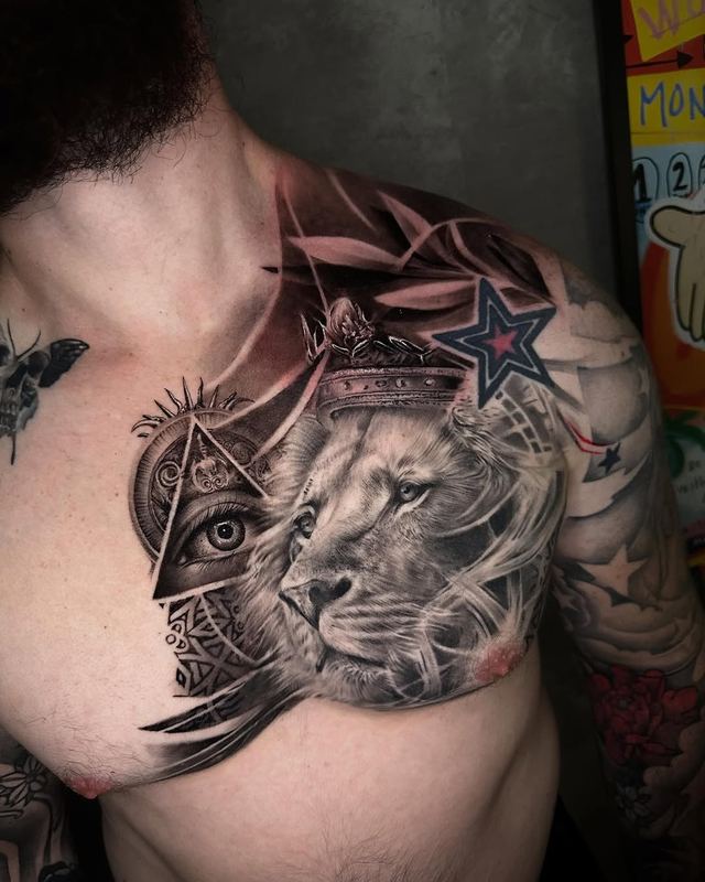 Full chest in process: lion & crown – tattoo by DMTcollective, Karmiel