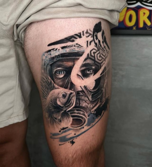Fully healed thigh piece – tattoo by DMTcollective, Karmiel