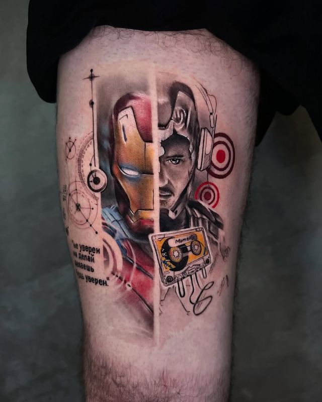Iron Man split portrait, thigh – tattoo by DMTcollective, Karmiel