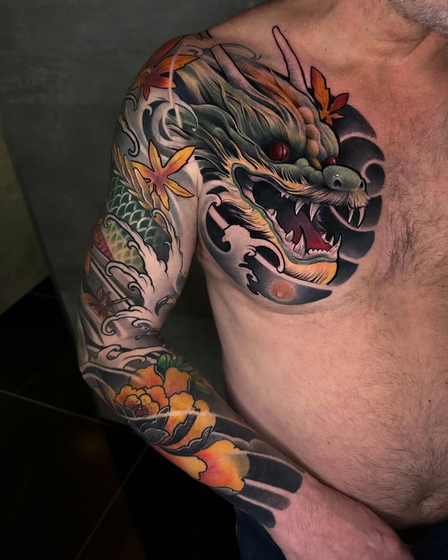 Japanese dragon, chest & sleeve – DMTcollective tattoo