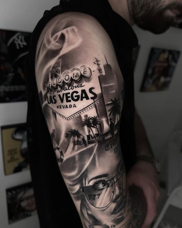 Las Vegas sleeve – tattoo by DMTcollective, Karmiel