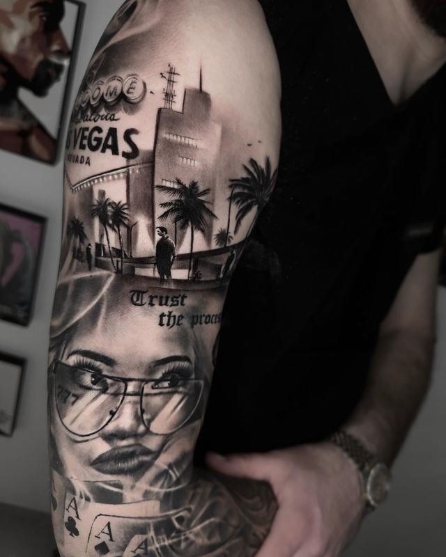 Las Vegas upper arm – tattoo by DMTcollective, Karmiel