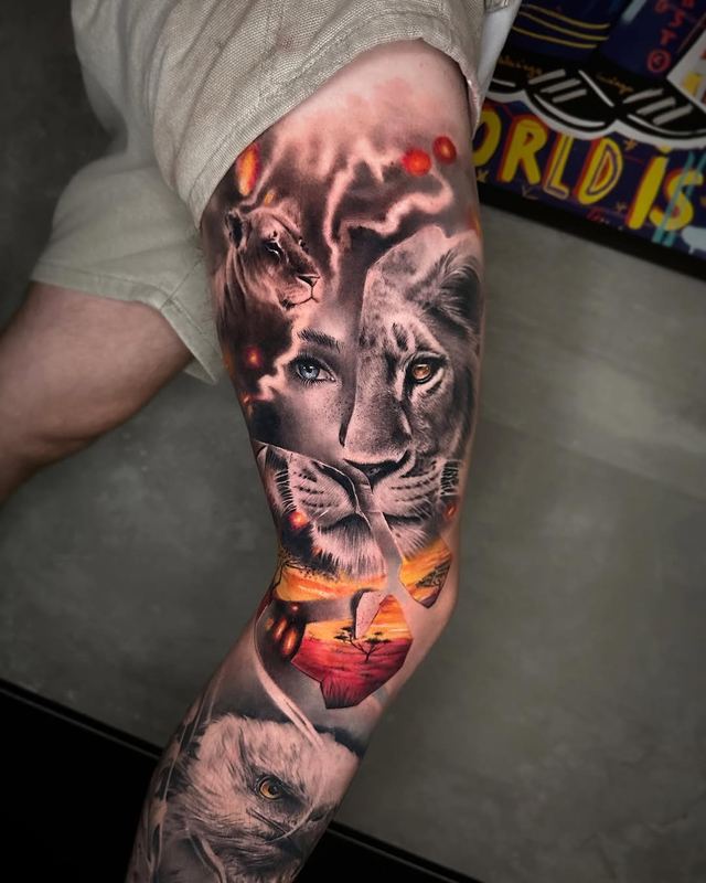 Big leg project: lion & sunset – DMTcollective tattoo