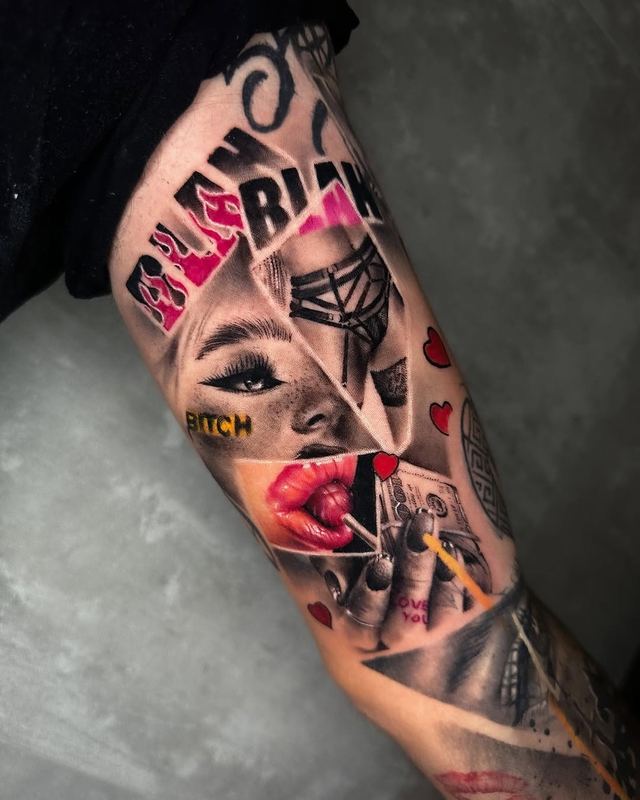 Pop collage sleeve – tattoo by DMTcollective, Karmiel