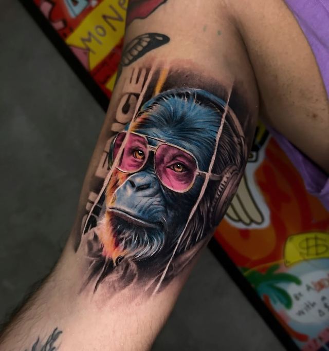 Silence: monkey portrait – tattoo by DMTcollective, Karmiel