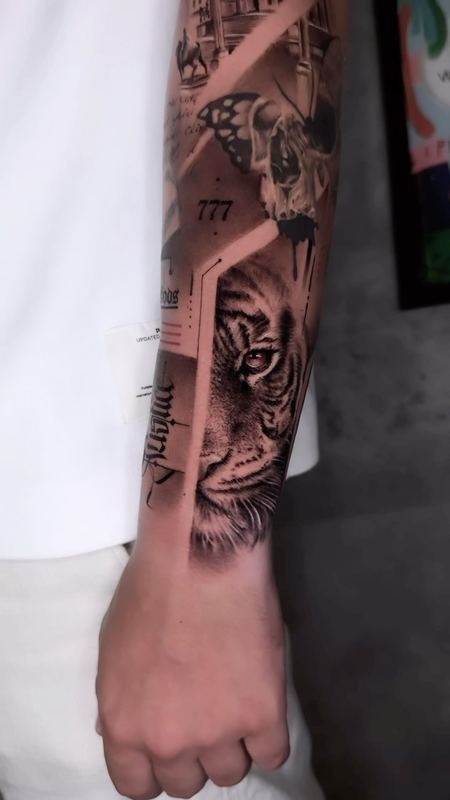 Tiger collage forearm – tattoo by DMTcollective, Karmiel