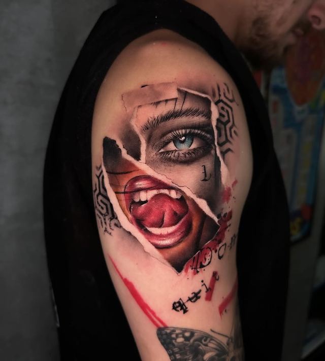 Torn-skin eye & lips – tattoo by DMTcollective, Karmiel