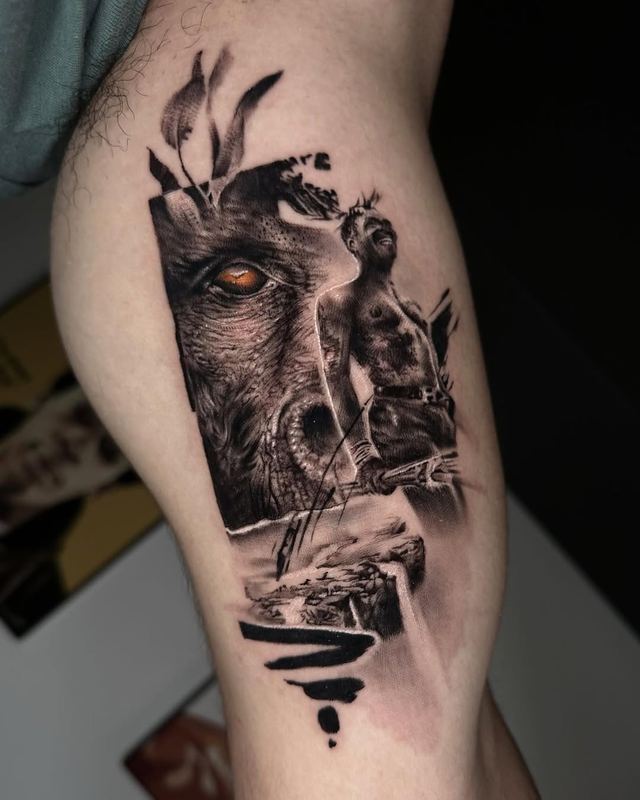 Wolf & skull calf – tattoo by DMTcollective, Karmiel